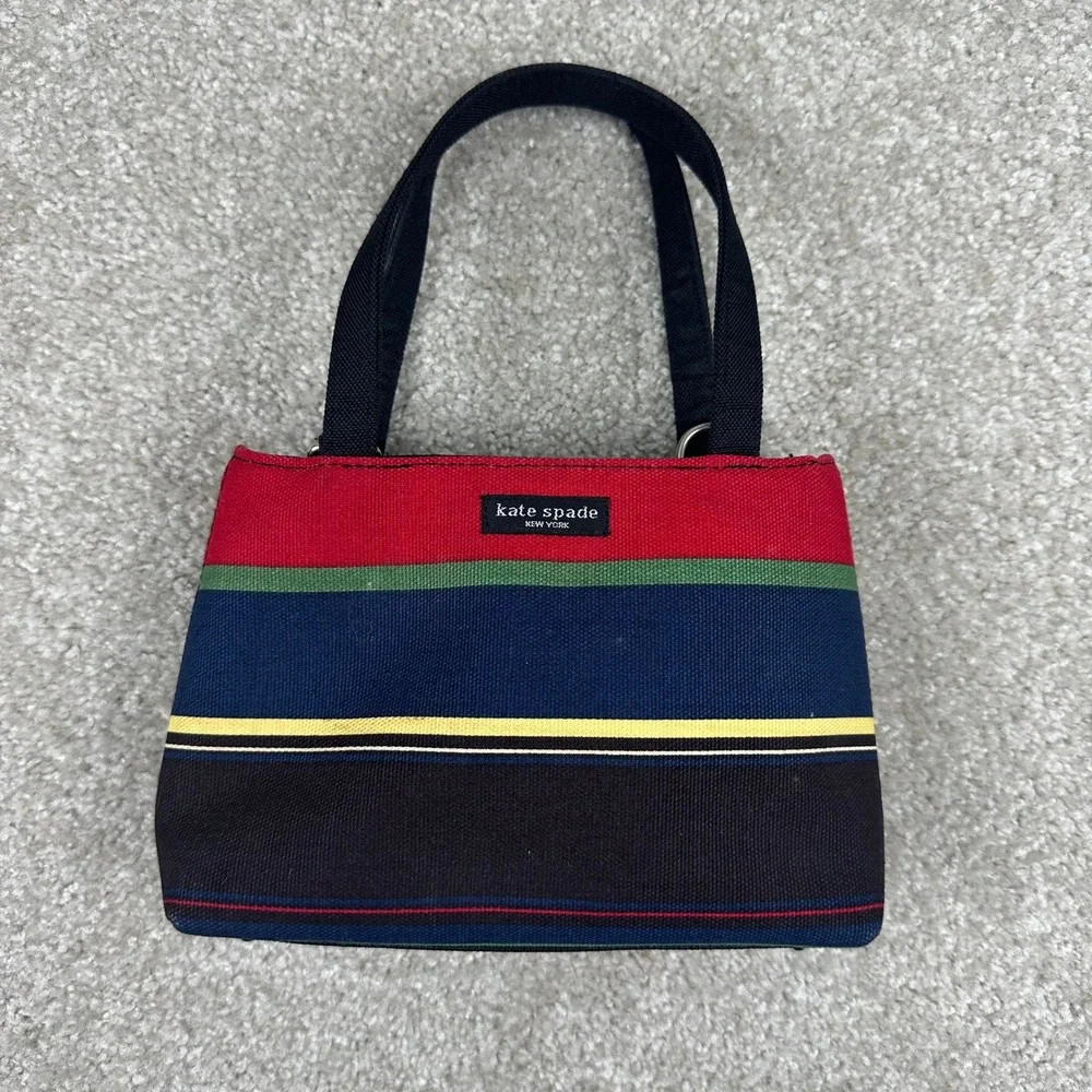 Kate Spade Vintage Canvas Striped Sam Mini Tote Crossbody Bag Multi Color Red